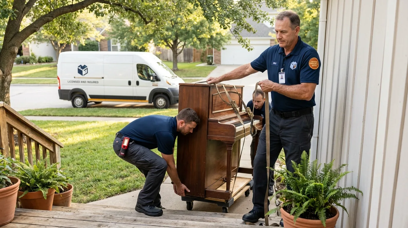 Licensed piano movers securing grand piano in Mount Orab, OH