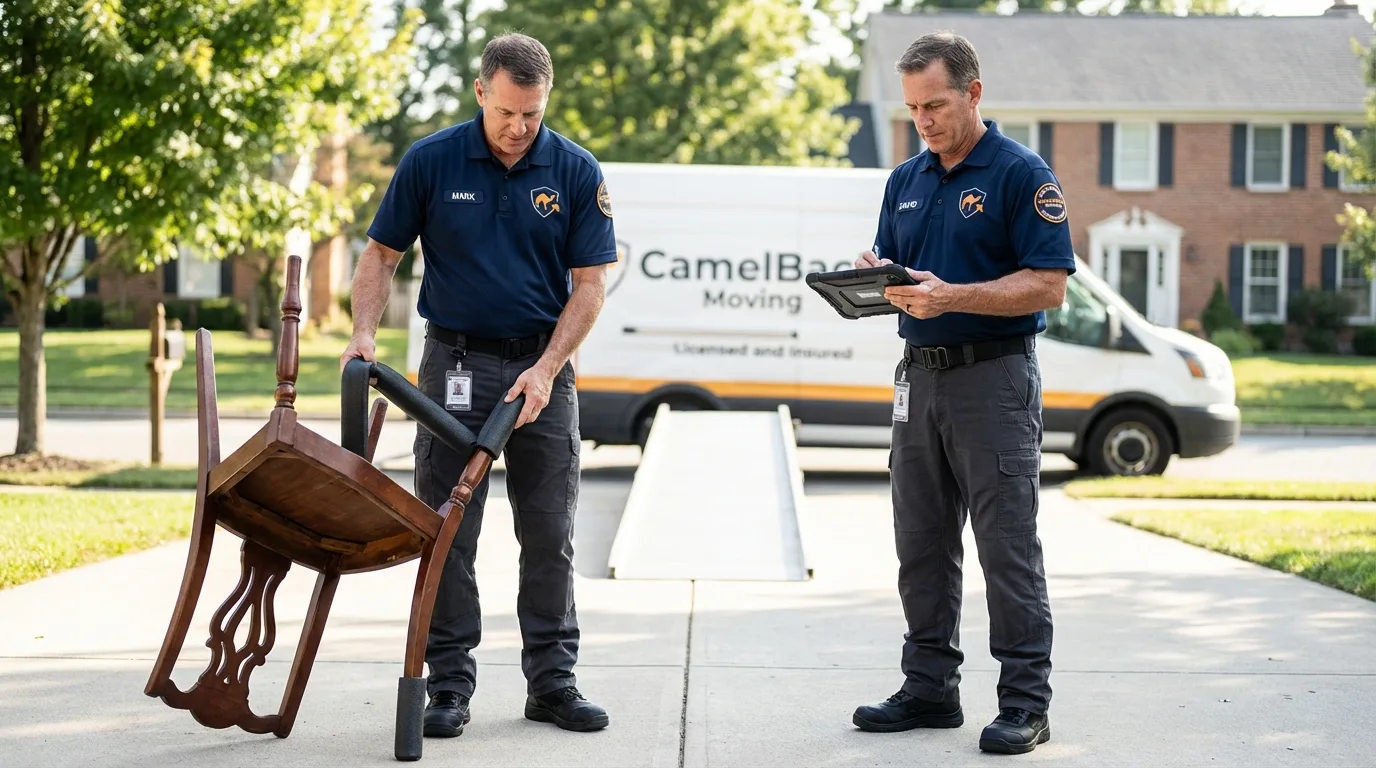 Movers inspecting furniture for damage prevention before loading in Mount Orab, OH